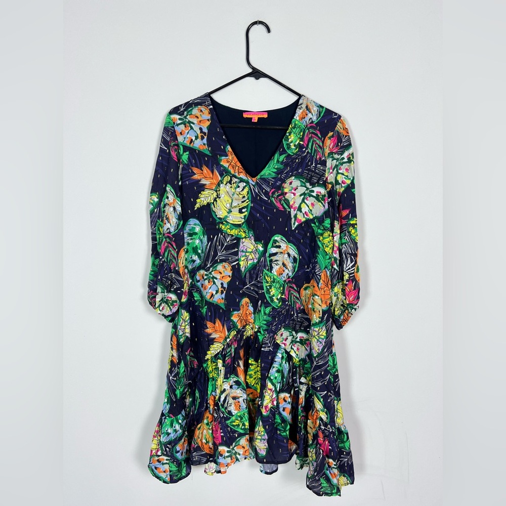 Vilagallo purple 3/4 sleeve Ruffle Dress resort boho tropical print 40 / M